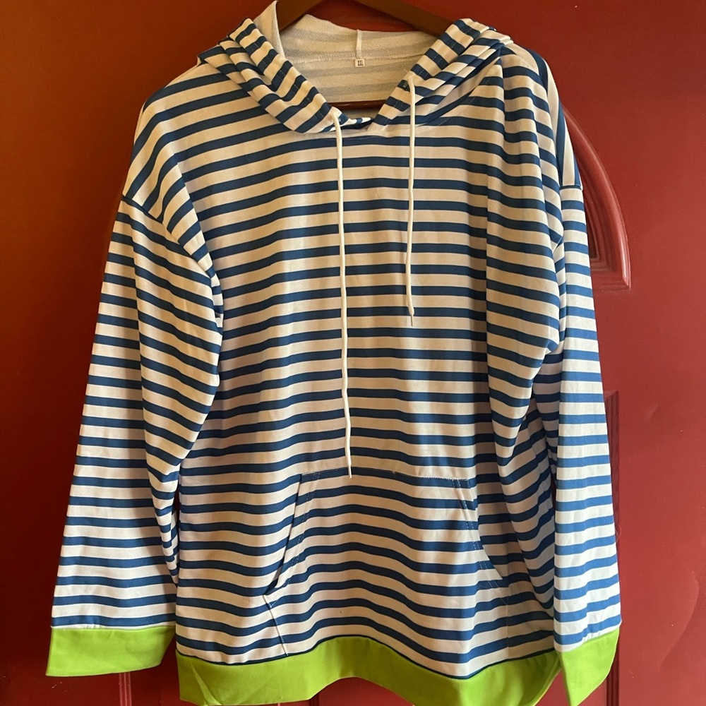 Striped Blue and White Hoodie with Green Accents